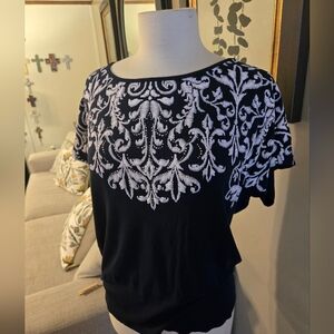 B.L.E.U.:Elegant Black and White Embroidered Women's Top